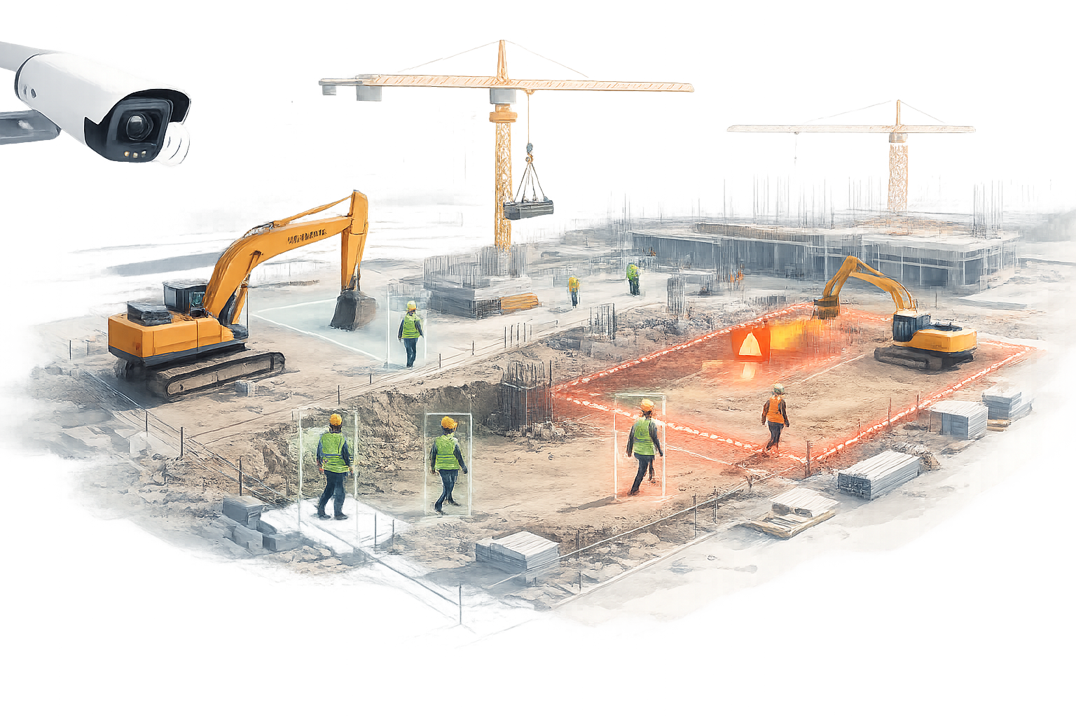 Construction site monitoring with AI video analytics cover image for PPE compliance, restricted zones, and real-time safety alerts.