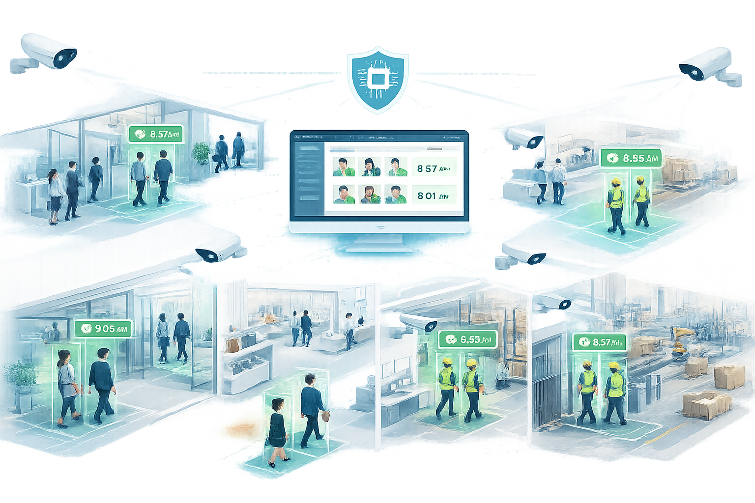 Smart building security system using CCTV face recognition to detect employees in a hallway, featuring digital bounding boxes over faces for touchless attendance.
