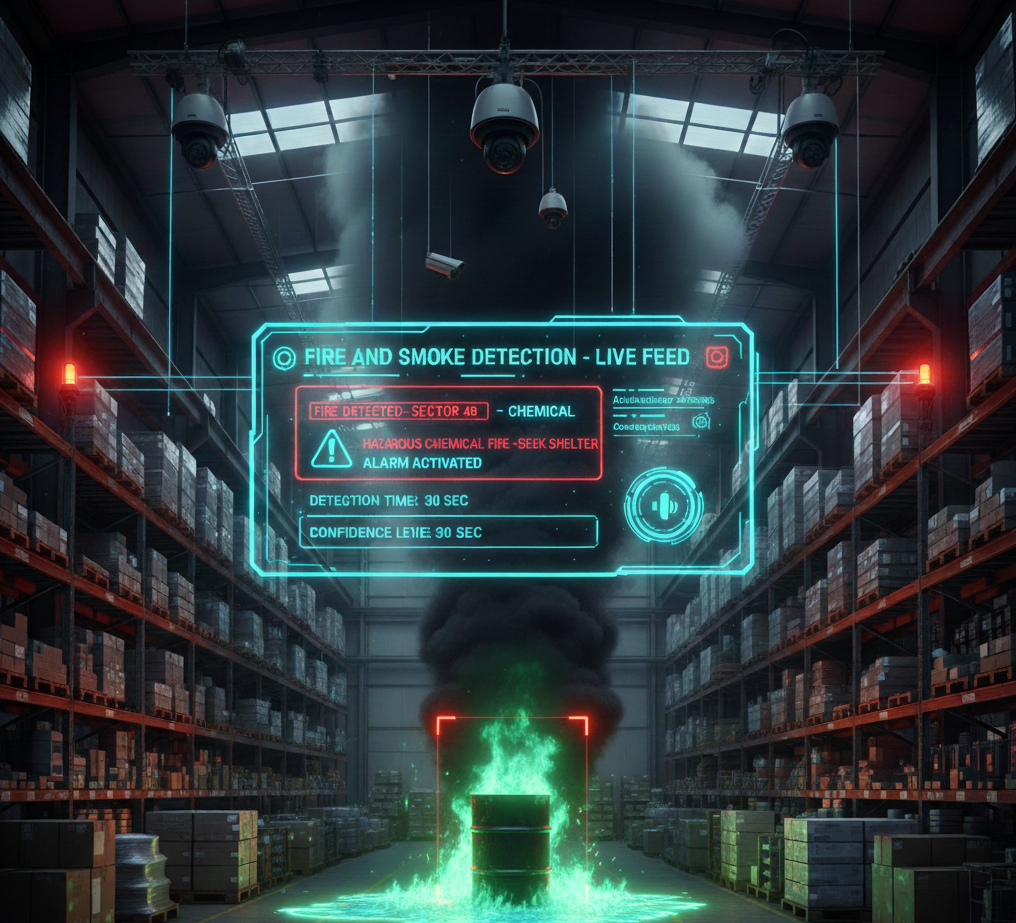 Industrial warehouse CCTV feed using AI to detect chemical smoke and early-stage fire, featuring a rapid response detection timer on the interface.