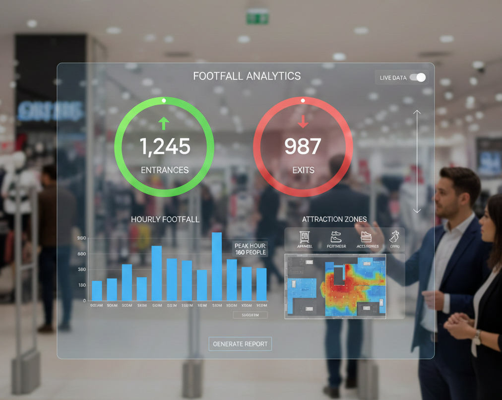 AI-powered retail footfall analytics dashboard showing real-time visitor counts, peak hours graph, and store heatmaps for business decision making.