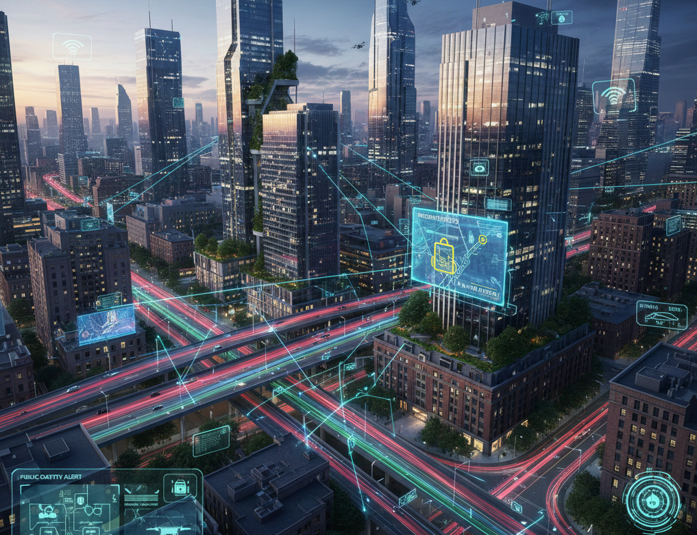 Futuristic AI-powered smart city visualization showing real-time video analytics and digital connectivity.