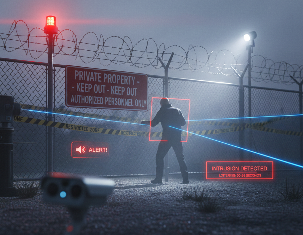 Digital security interface showing a virtual fence around a restricted property with an intruder detected and highlighted by a red AI bounding box.