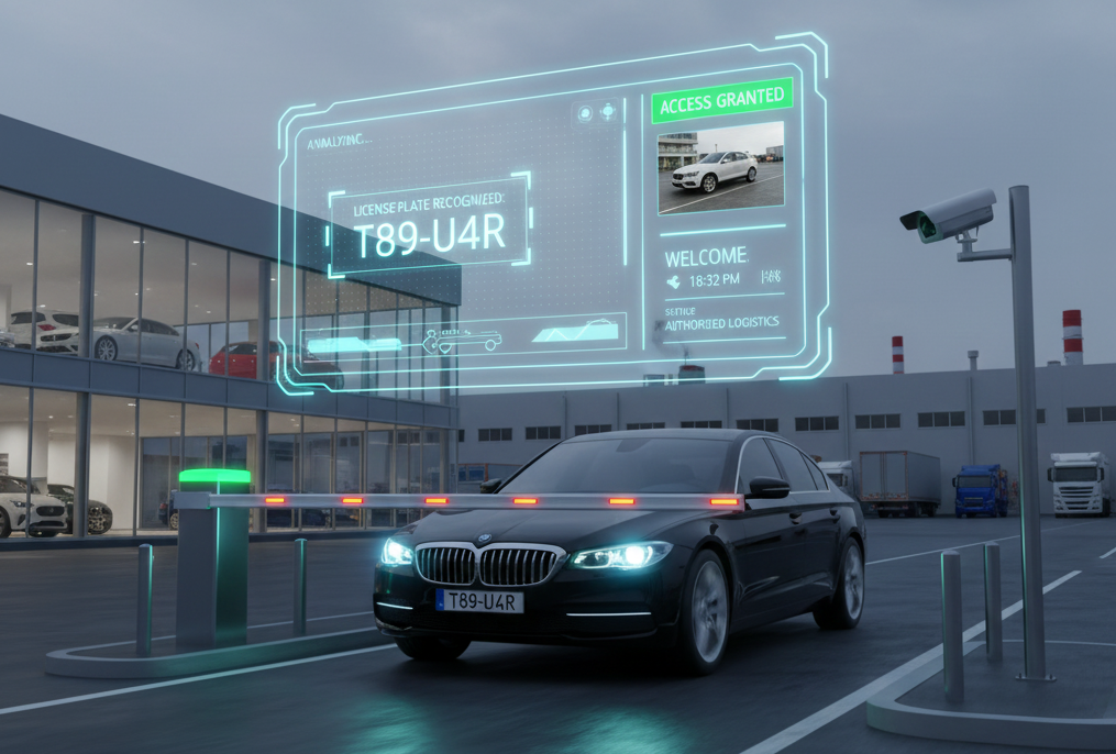Automated vehicle access control system scanning a license plate at a security gate with a digital overlay displaying the recognized number plate.