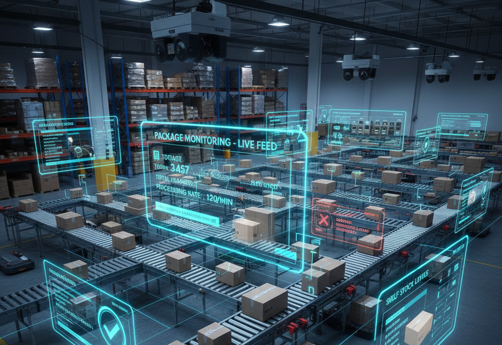 Logistics conveyor belt automation system with AI counting packages, verifying labels, and monitoring stock levels in a high-speed distribution center.