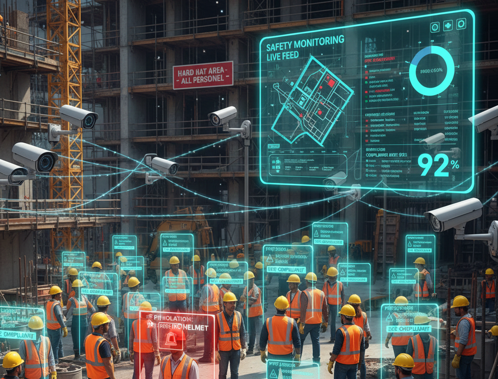 Construction site safety monitoring system flagging a worker without a helmet in red, while workers with proper safety gear are marked in green.