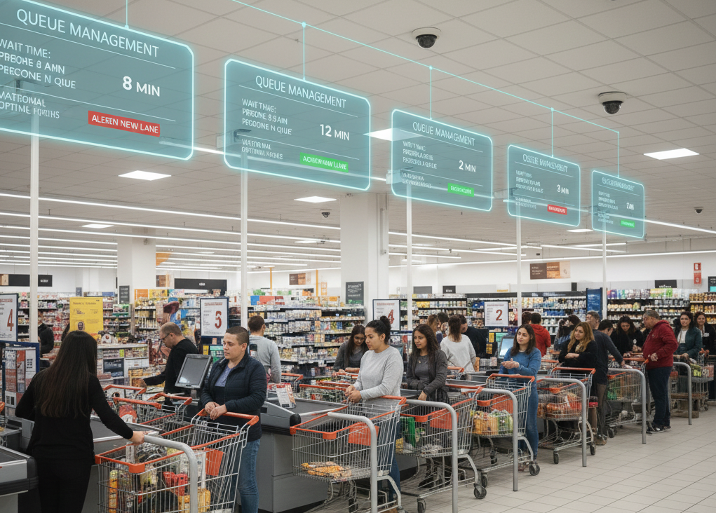 Supermarket checkout counter view with AI analytics displaying real-time wait times and queue length alerts above customers in line.