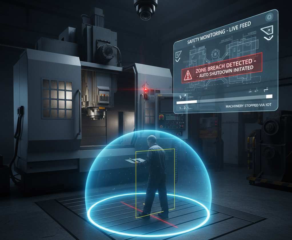 AI safety virtual boundary around industrial manufacturing machinery, showing an alert triggered when a worker enters the hazardous zone.