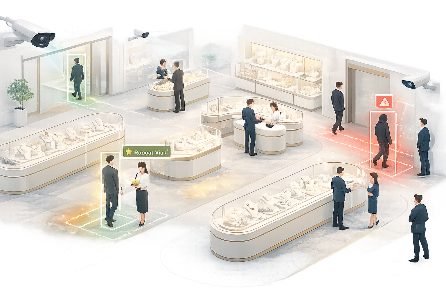Jewellery retail monitoring concept showing AI CCTV repeat customer detection and security analytics.