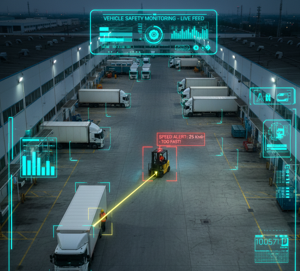 High-angle factory yard view with AI radar detecting a speeding forklift in red and a yellow warning alert for a pedestrian near-miss situation.