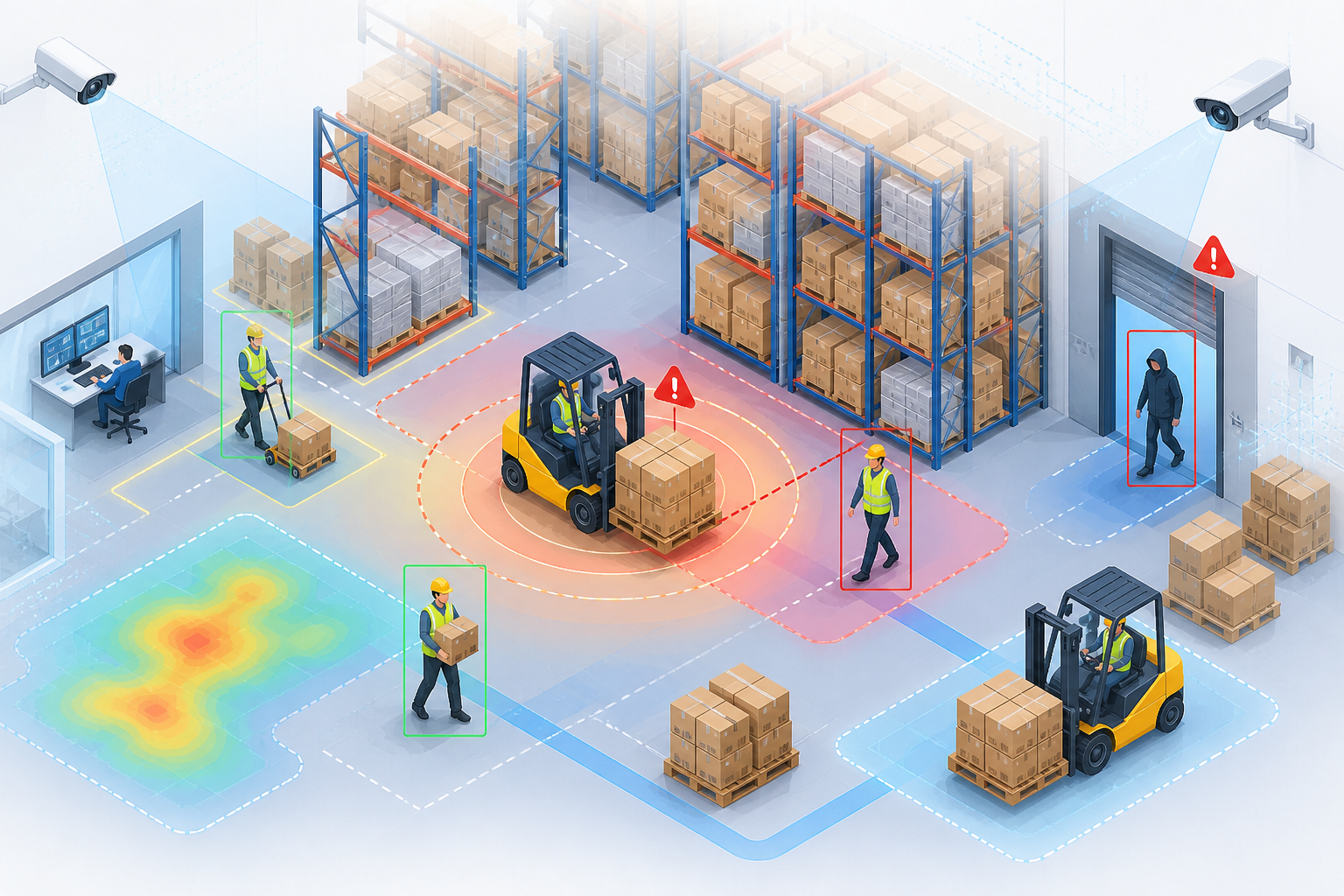 AI CCTV analytics for warehouses cover image illustrating forklift safety monitoring, intrusion detection, restricted-zone alerts, and productivity visibility (2026).